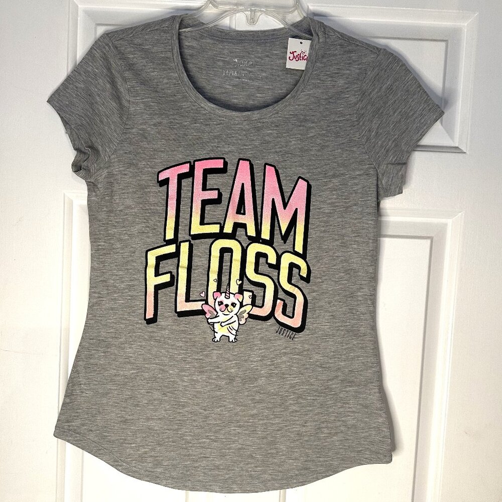 NWT Girls Justice Size 14/16 Gray Short Sleeve Top w/Unicorn Dog - Team‎ Floss